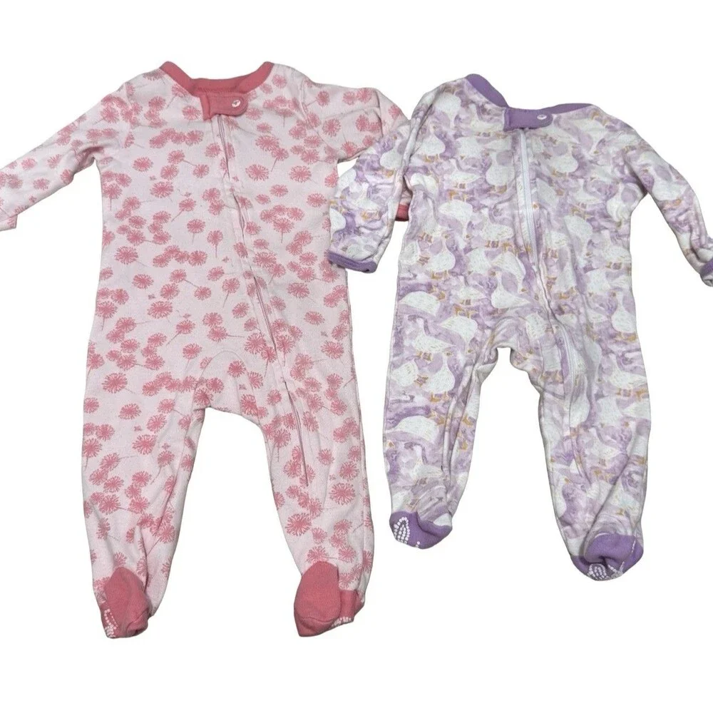 2 Burt's Bees Baby cotton Footed Coverall sleeper-0-3 months Purple Goose Pink